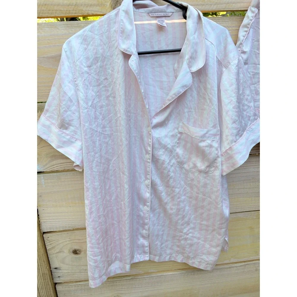 Victoria's Secret Pink White Striped Satin Pajama Set XL Short Sleeve Shorts